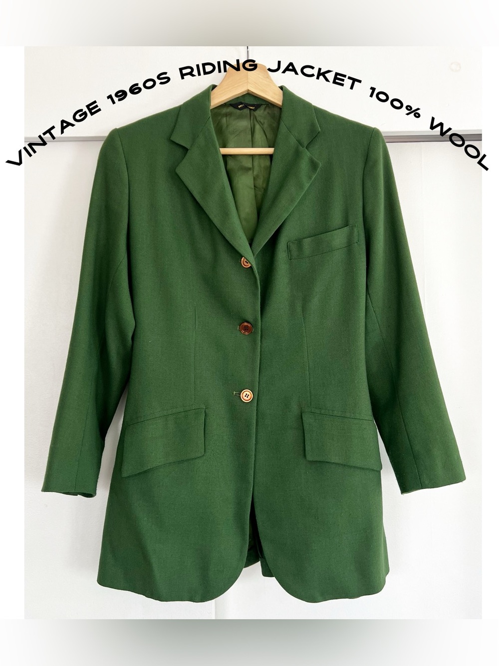 Vintage 1960s Green Wool Equestrian Blazer /Riding Jacket Modern XS
